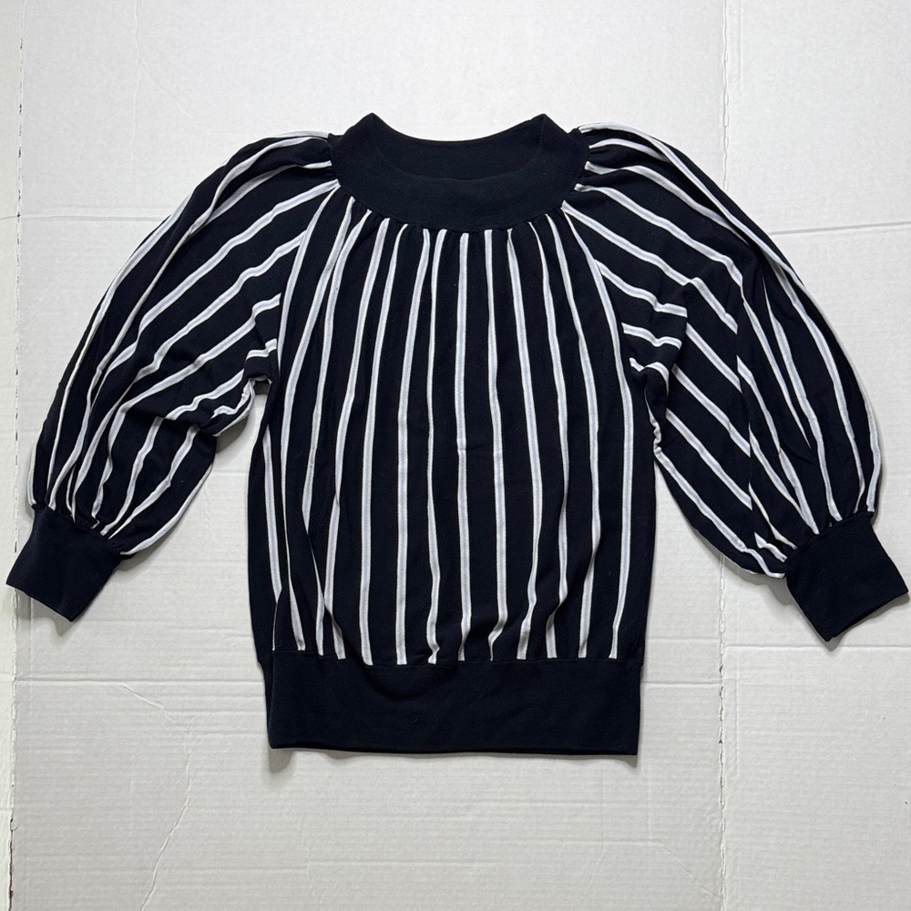 ANN MASHBURN Navy and White Striped Top Balloon Sleeves
